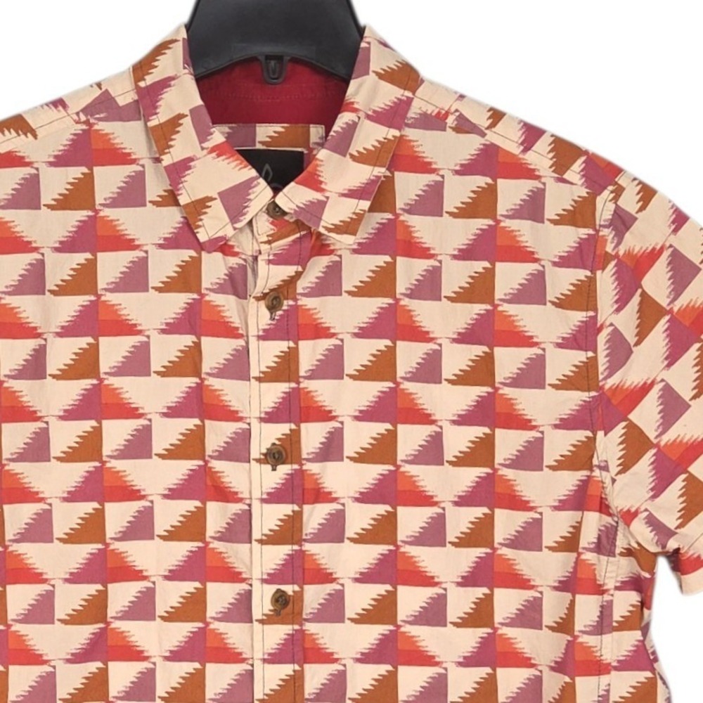prAna Shirt Mens Small Cream Red Tan Geometric Short Sleeve Button Up Casual